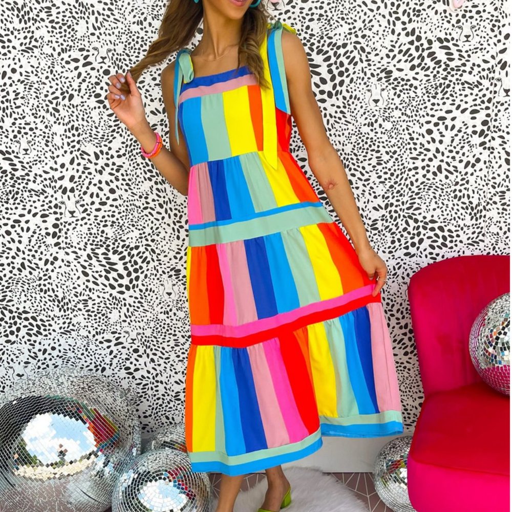 Rainbow Color Block Midi Dress - Adeline Boutique "Got a Feeling" Bright Fun